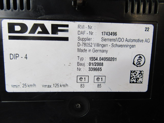 DAF XF 105 CLOCK CLUSTER P/NO 1743496 - Электрическая система для Грузовиков: фото 2 DAF XF 105 CLOCK CLUSTER P/NO 1743496 - Электрическая система для Грузовиков: фото 2